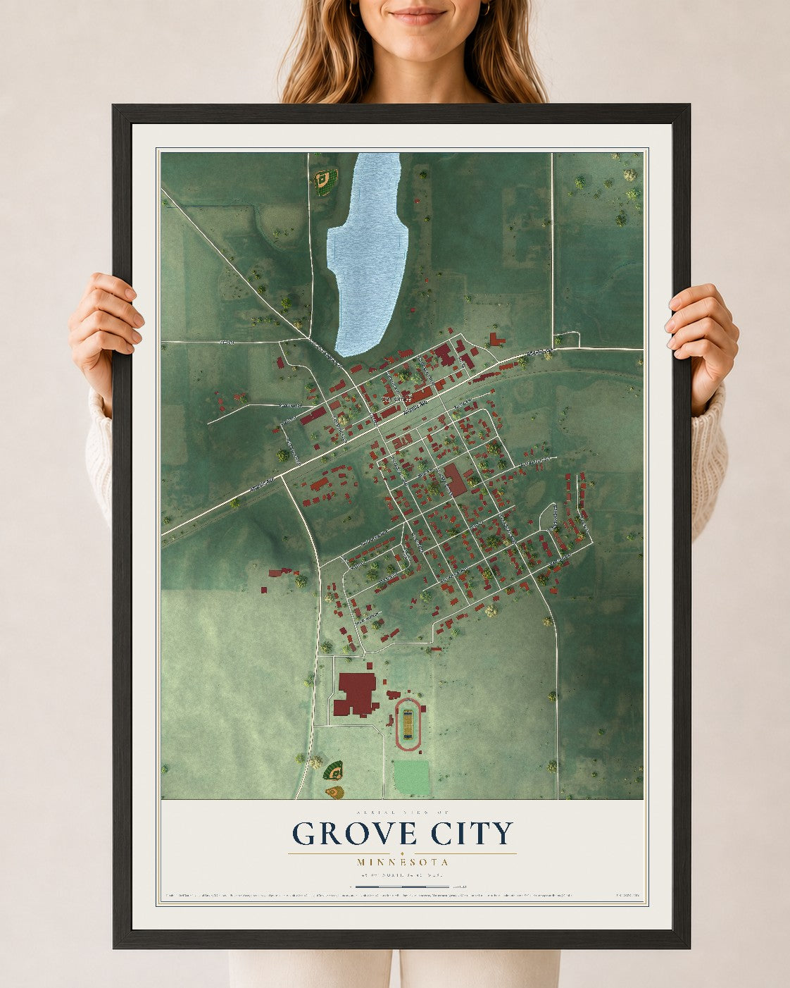 Map of Grove City, Minnesota, 24 x 36 inch print in a black wood frame