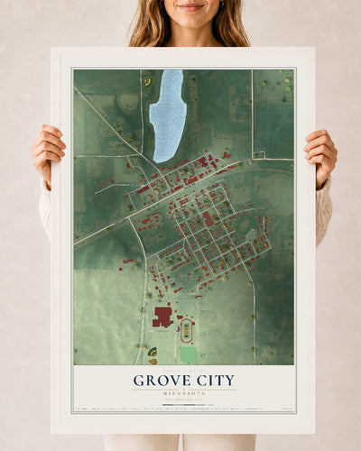 Map of Grove City, Minnesota, 24 x 36 inch print in a white wood frame