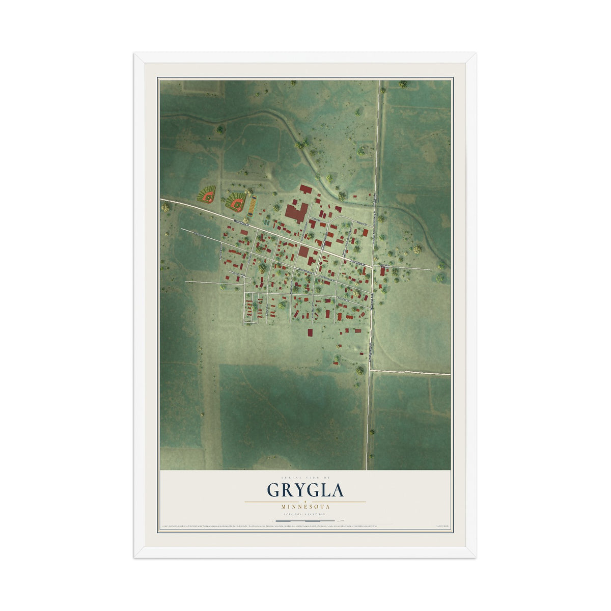 Map of Grygla, Minnesota, 12 x 18 inch print in a white wood frame