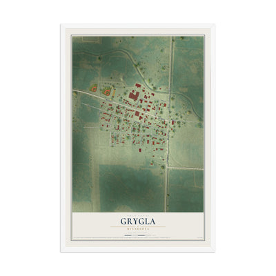 Map of Grygla, Minnesota, 12 x 18 inch print in a white wood frame