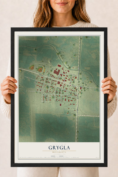 Map of Grygla, Minnesota, 18 x 24 inch print in a black wood frame