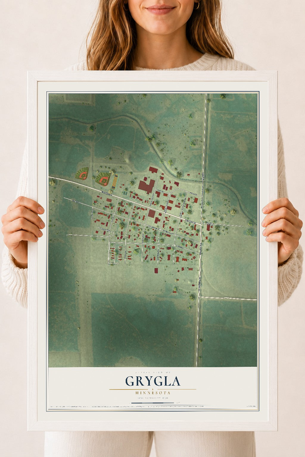 Map of Grygla, Minnesota, 18 x 24 inch print in a white wood frame