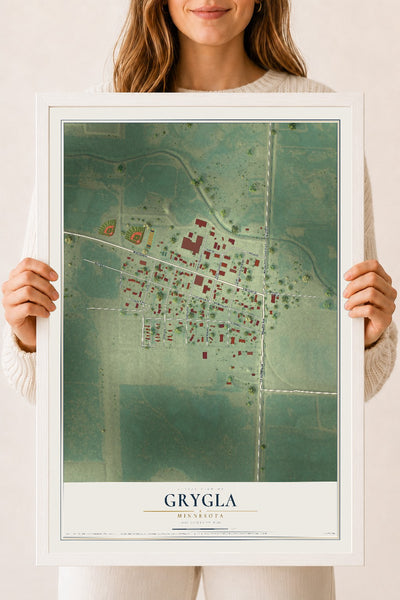 Map of Grygla, Minnesota, 18 x 24 inch print in a white wood frame