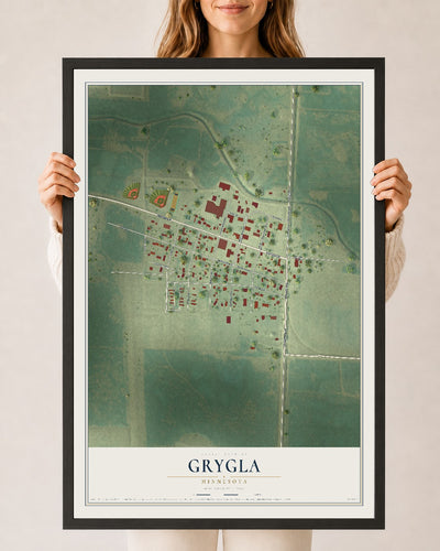 Map of Grygla, Minnesota, 24 x 36 inch print in a black wood frame