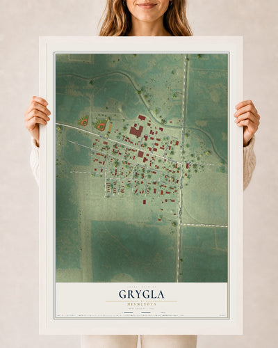 Map of Grygla, Minnesota, 24 x 36 inch print in a white wood frame