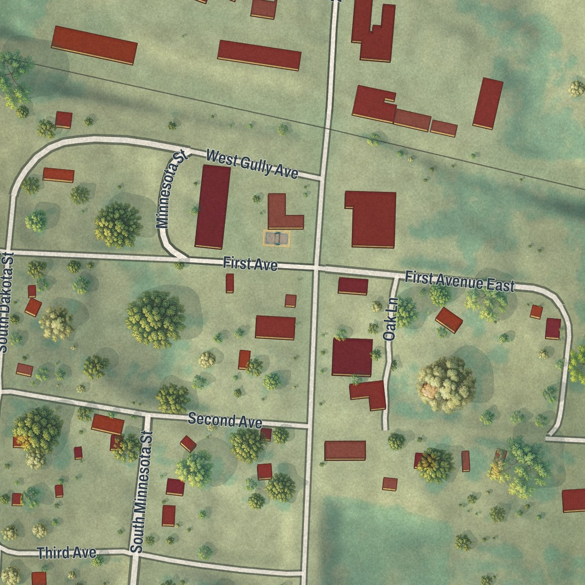 Close-up of the map of Gully, Minnesota print showing street and building detail