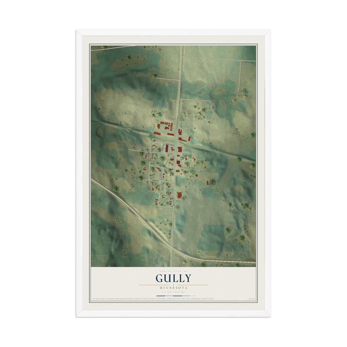 Map of Gully, Minnesota, 12 x 18 inch print in a white wood frame