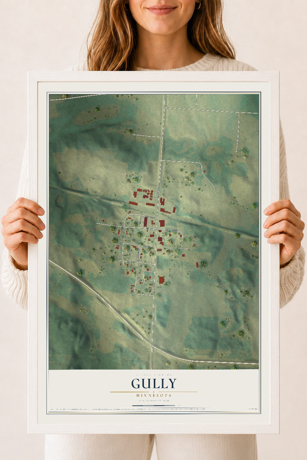 Map of Gully, Minnesota, 18 x 24 inch print in a white wood frame