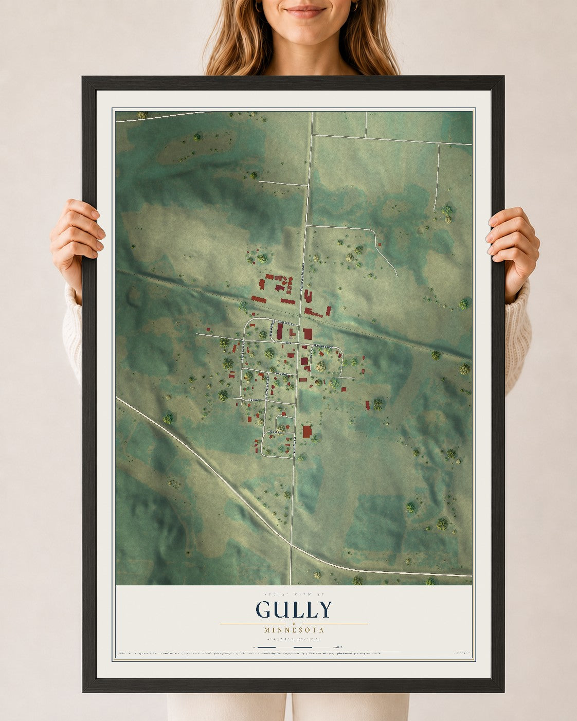 Map of Gully, Minnesota, 24 x 36 inch print in a black wood frame