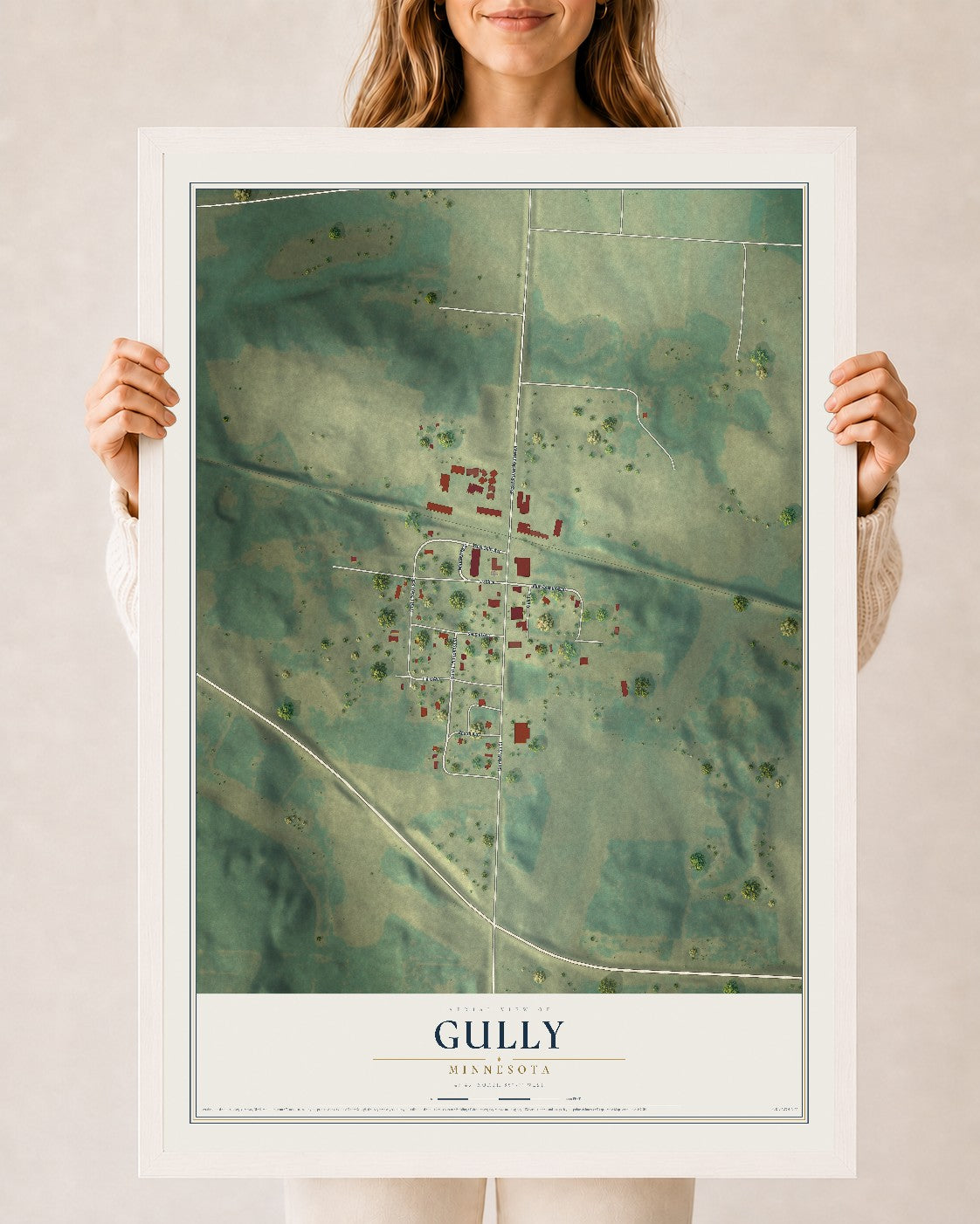 Map of Gully, Minnesota, 24 x 36 inch print in a white wood frame