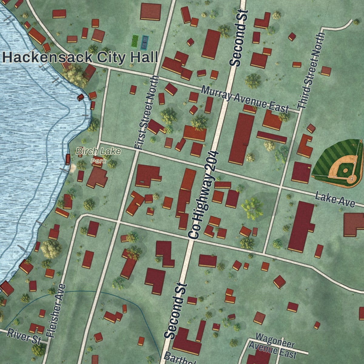 Close-up of the map of Hackensack, Minnesota print showing street and building detail
