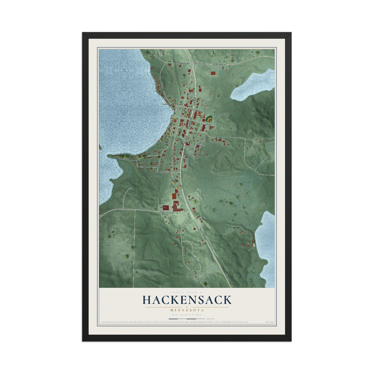 Map of Hackensack, Minnesota, 12 x 18 inch print in a black wood frame