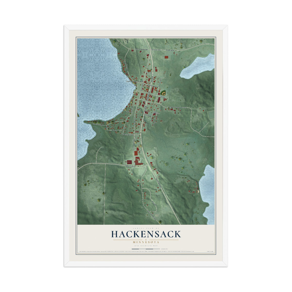 Map of Hackensack, Minnesota, 12 x 18 inch print in a white wood frame