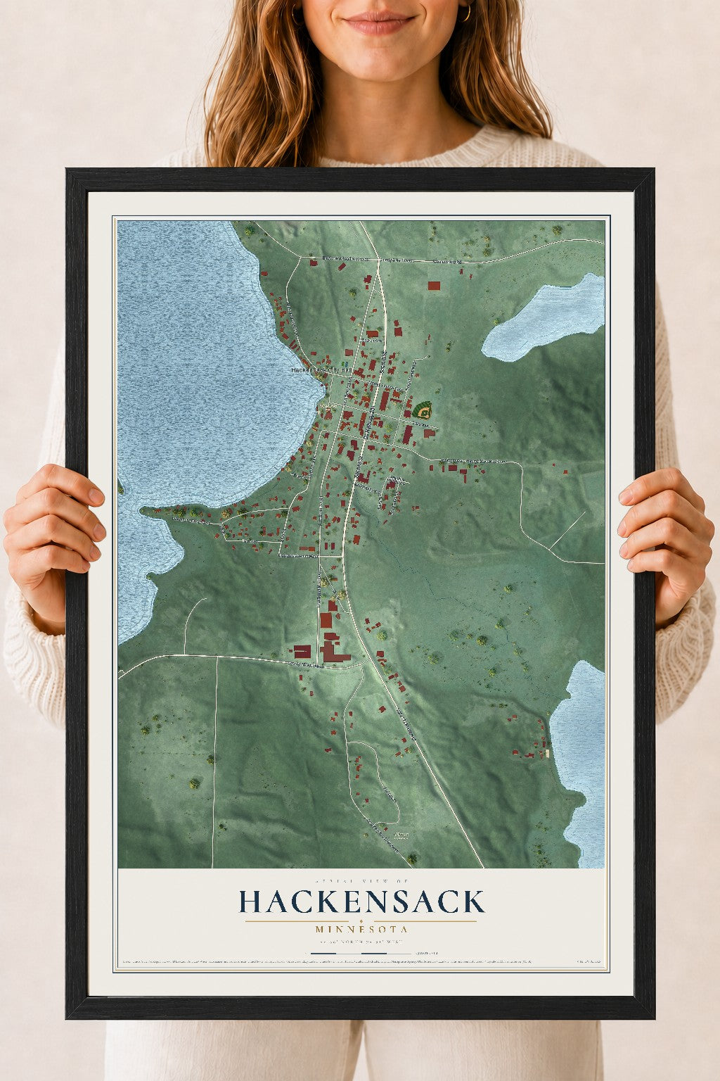 Map of Hackensack, Minnesota, 18 x 24 inch print in a black wood frame