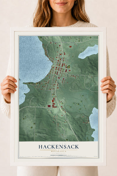 Map of Hackensack, Minnesota, 18 x 24 inch print in a white wood frame