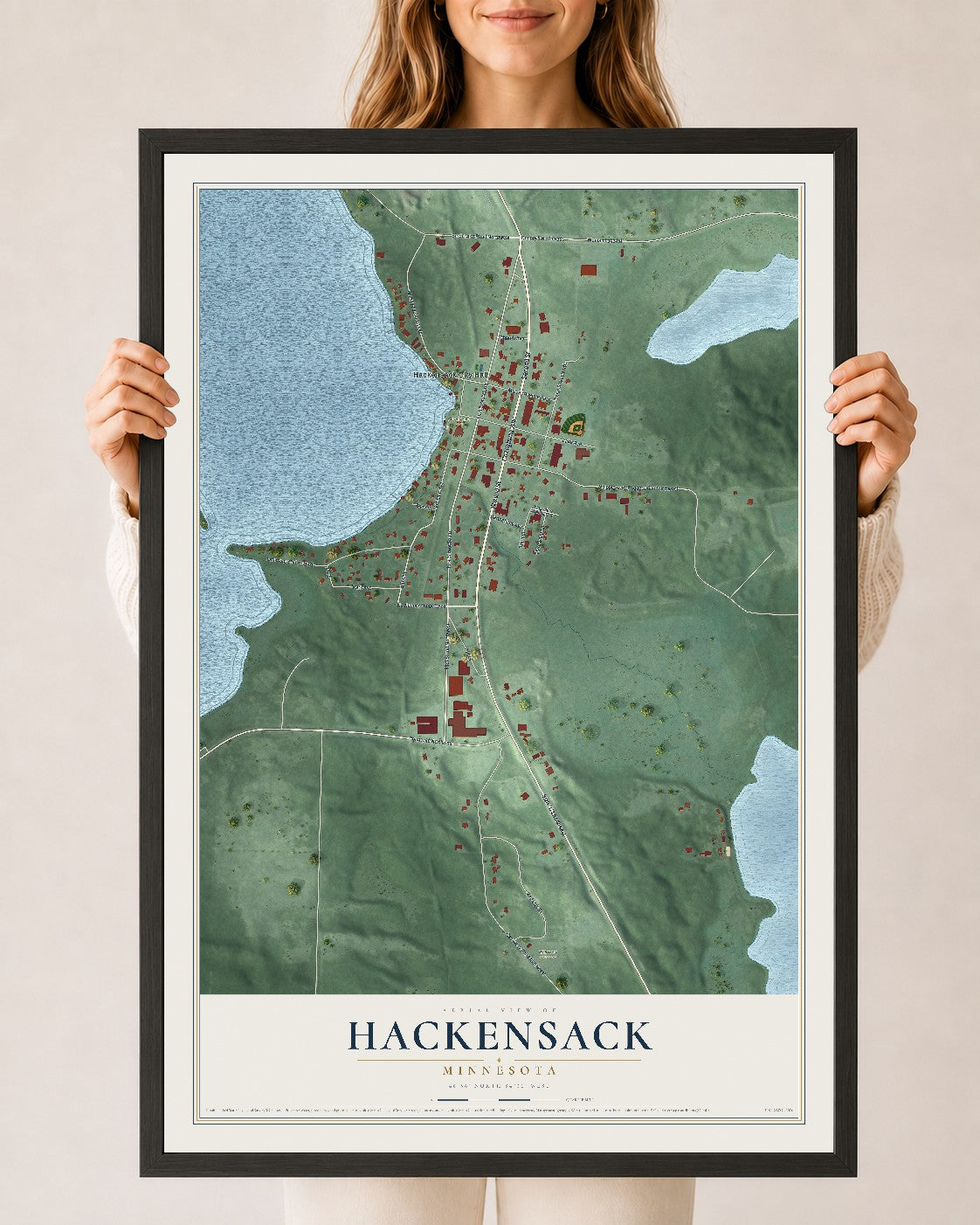 Map of Hackensack, Minnesota, 24 x 36 inch print in a black wood frame