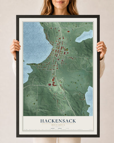 Map of Hackensack, Minnesota, 24 x 36 inch print in a black wood frame