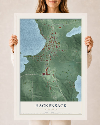 Map of Hackensack, Minnesota, 24 x 36 inch print in a white wood frame