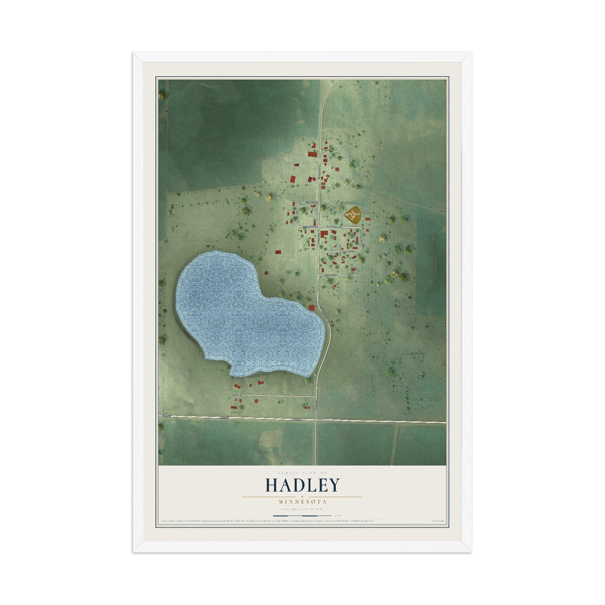 Map of Hadley, Minnesota, 12 x 18 inch print in a white wood frame