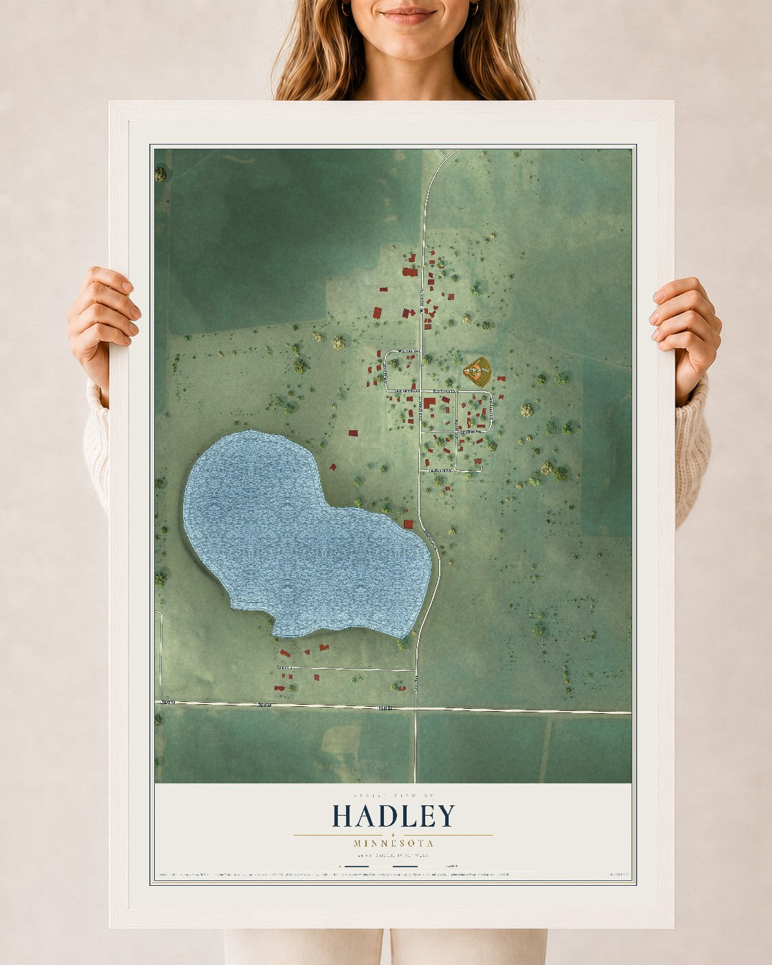 Map of Hadley, Minnesota, 24 x 36 inch print in a white wood frame