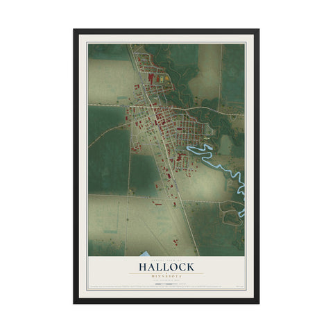 Map of Hallock, Minnesota, 12 x 18 inch print in a black wood frame