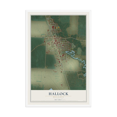 Map of Hallock, Minnesota, 12 x 18 inch print in a white wood frame