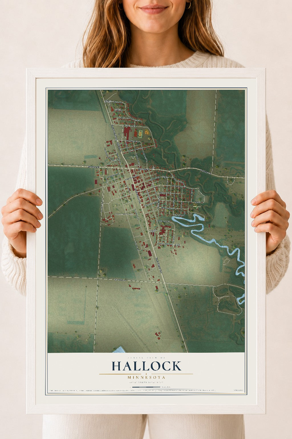 Map of Hallock, Minnesota, 18 x 24 inch print in a white wood frame