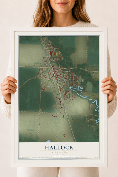 Map of Hallock, Minnesota, 18 x 24 inch print in a white wood frame