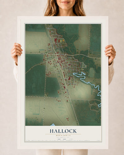 Map of Hallock, Minnesota, 24 x 36 inch print in a white wood frame