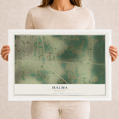Map of Halma, Minnesota, 12 x 18 inch print in a white wood frame