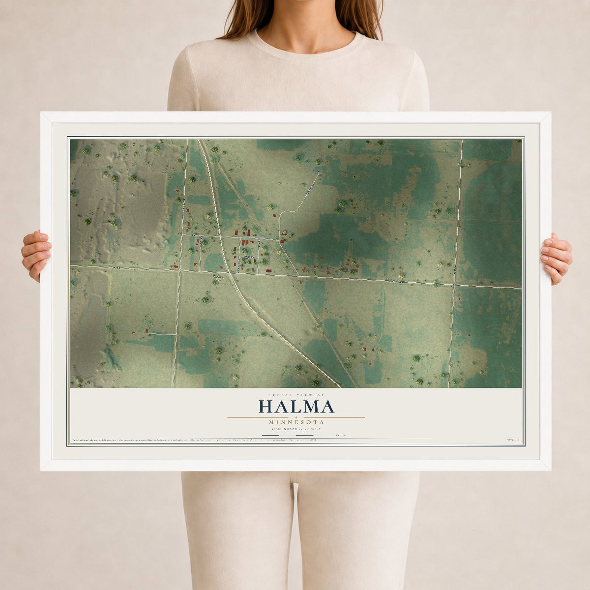 Map of Halma, Minnesota, 24 x 36 inch print in a white wood frame