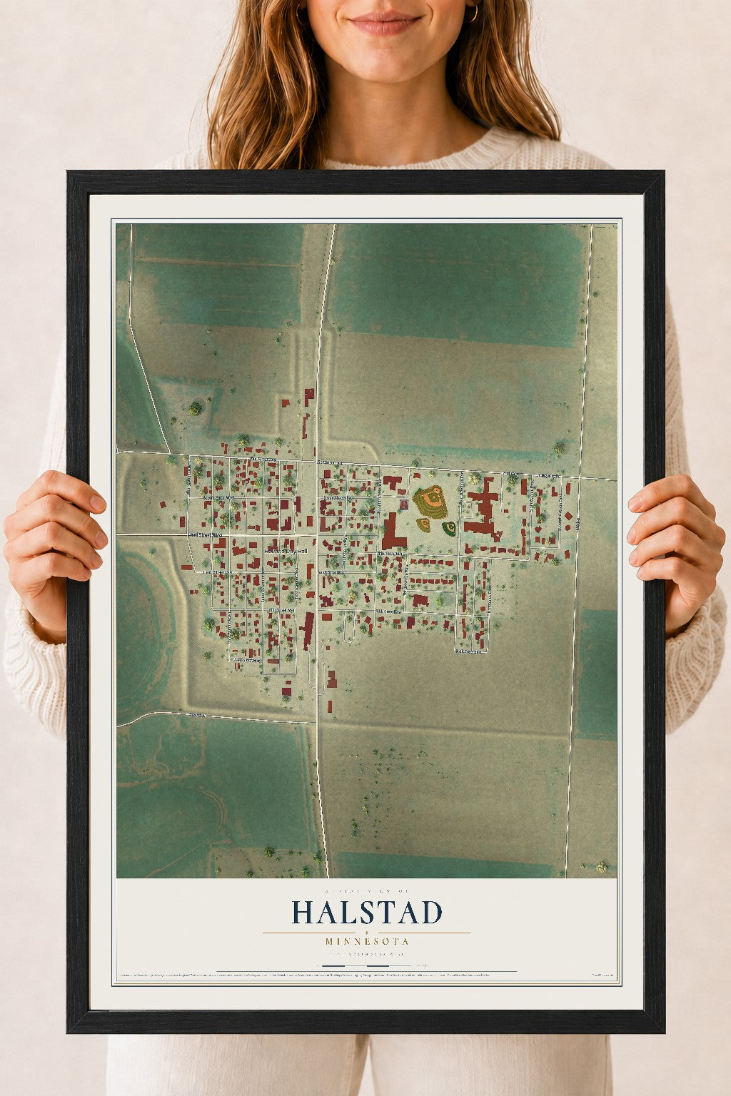 Map of Halstad, Minnesota, 18 x 24 inch print in a black wood frame