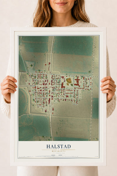 Map of Halstad, Minnesota, 18 x 24 inch print in a white wood frame