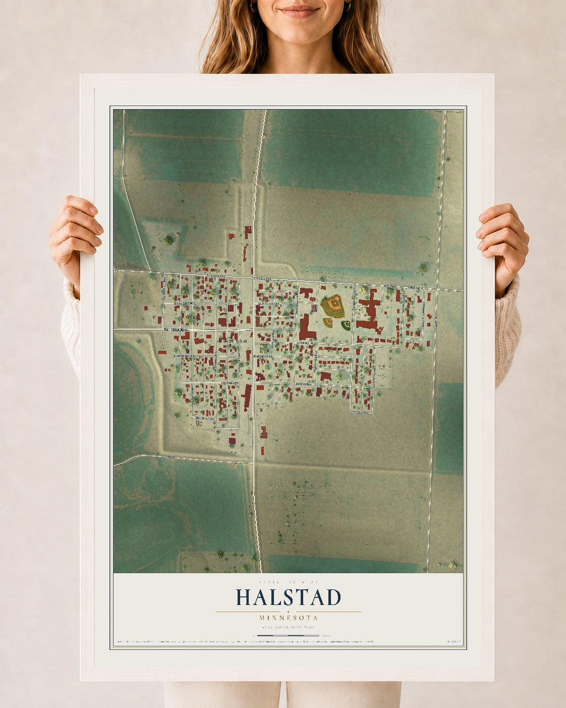 Map of Halstad, Minnesota, 24 x 36 inch print in a white wood frame