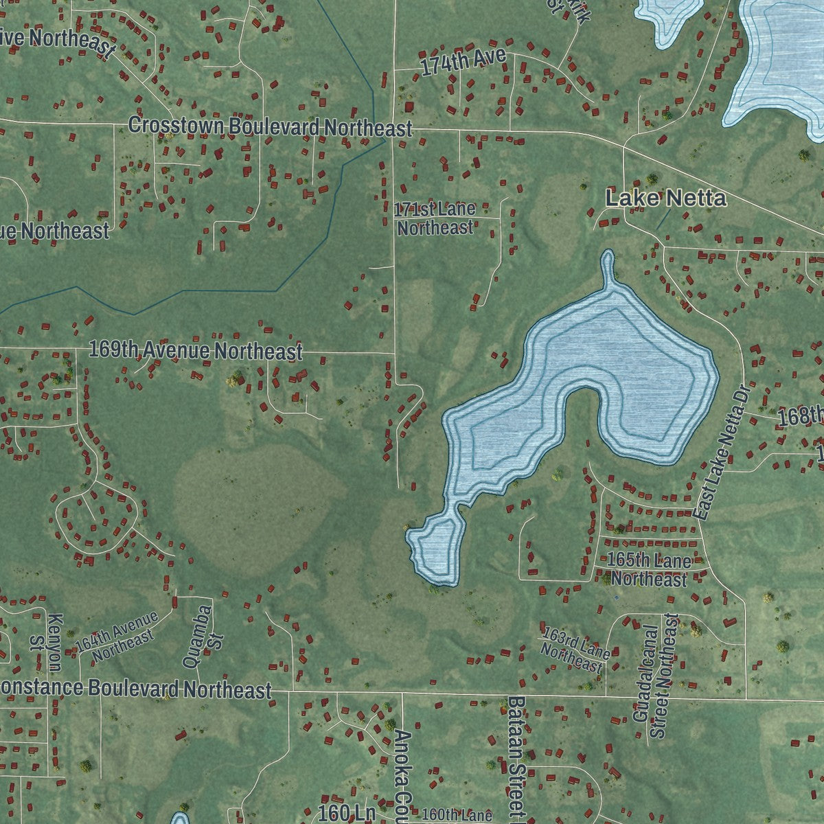 Second close-up of the map of Ham Lake, Minnesota print showing more streets and buildings
