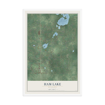 Map of Ham Lake, Minnesota, 12 x 18 inch print in a white wood frame