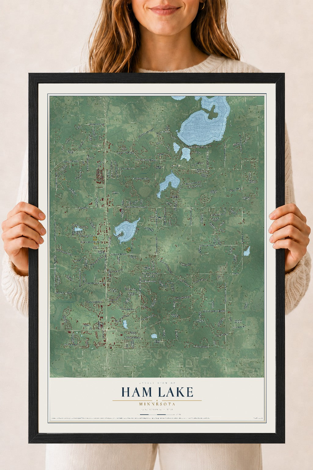 Map of Ham Lake, Minnesota, 18 x 24 inch print in a black wood frame