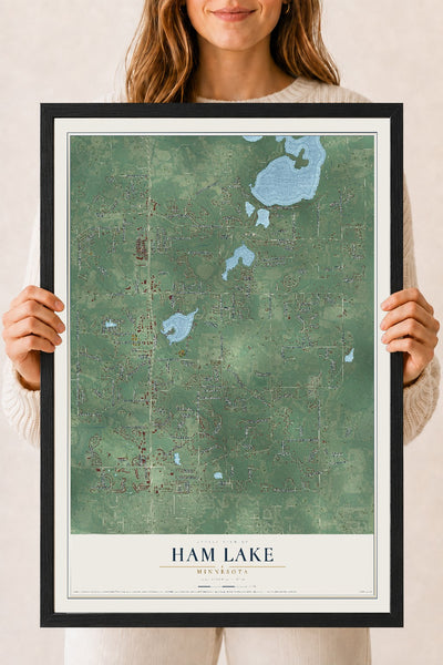 Map of Ham Lake, Minnesota, 18 x 24 inch print in a black wood frame