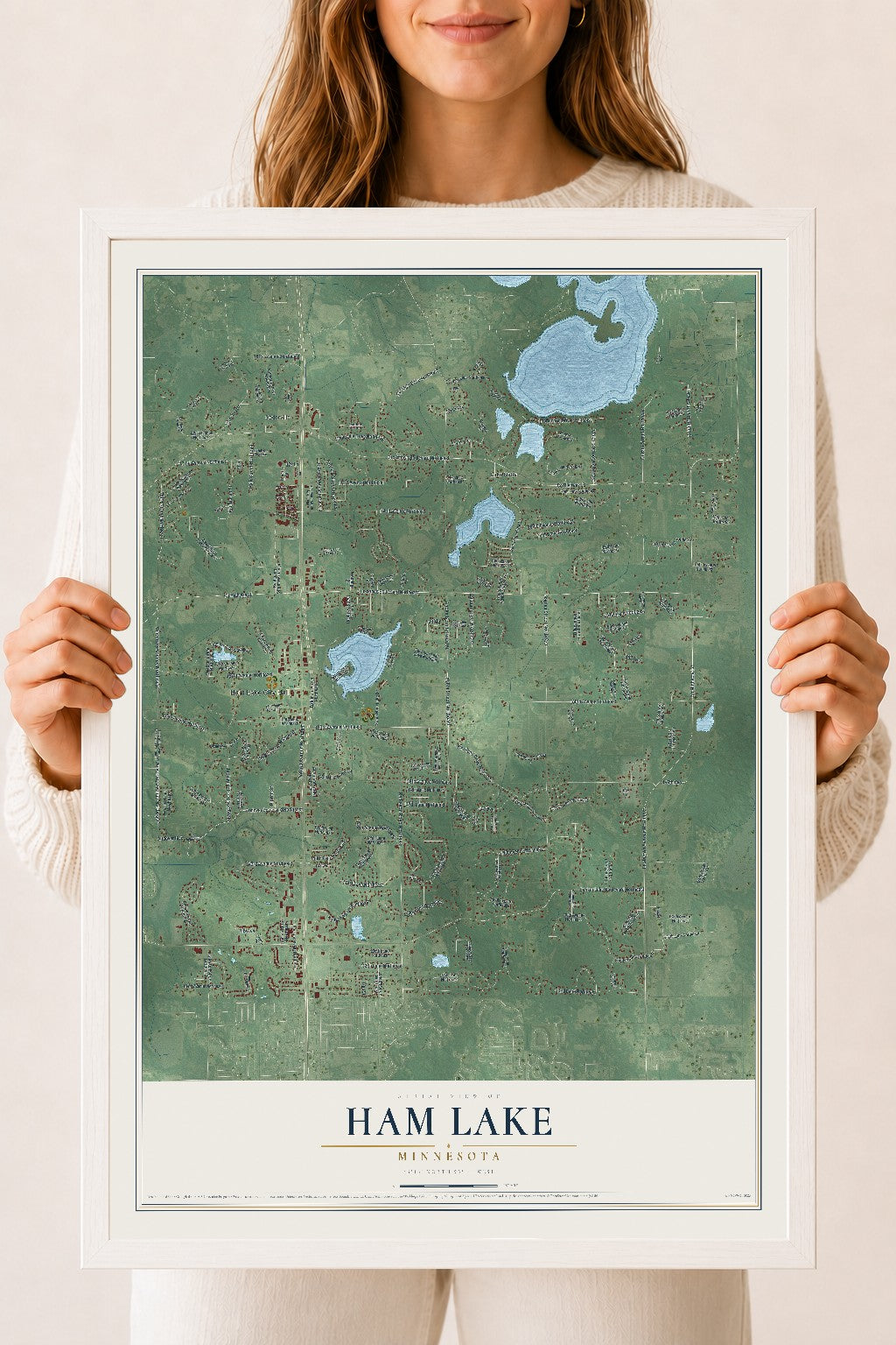 Map of Ham Lake, Minnesota, 18 x 24 inch print in a white wood frame