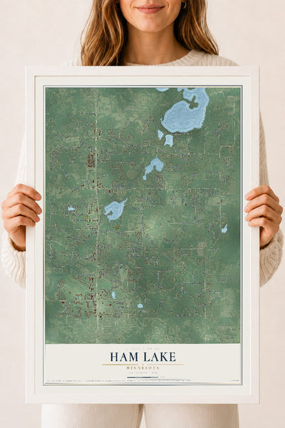 Map of Ham Lake, Minnesota, 18 x 24 inch print in a white wood frame