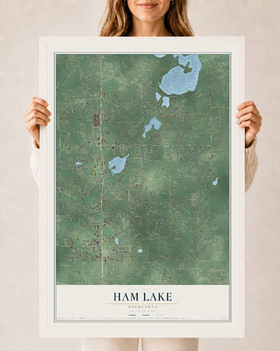Map of Ham Lake, Minnesota, 24 x 36 inch print in a white wood frame