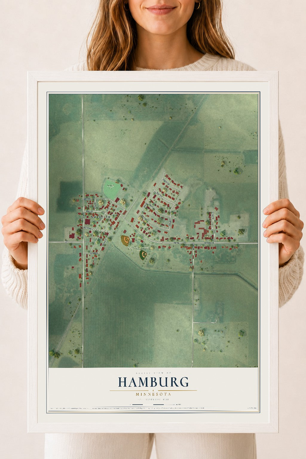 Map of Hamburg, Minnesota, 18 x 24 inch print in a white wood frame