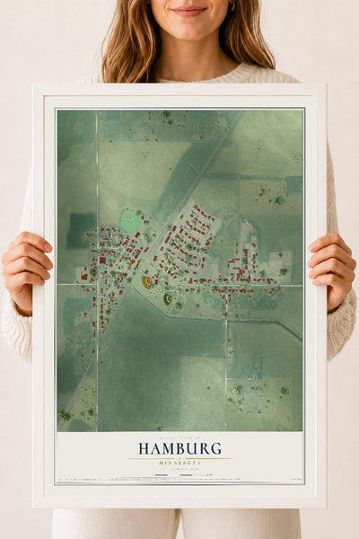 Map of Hamburg, Minnesota, 18 x 24 inch print in a white wood frame