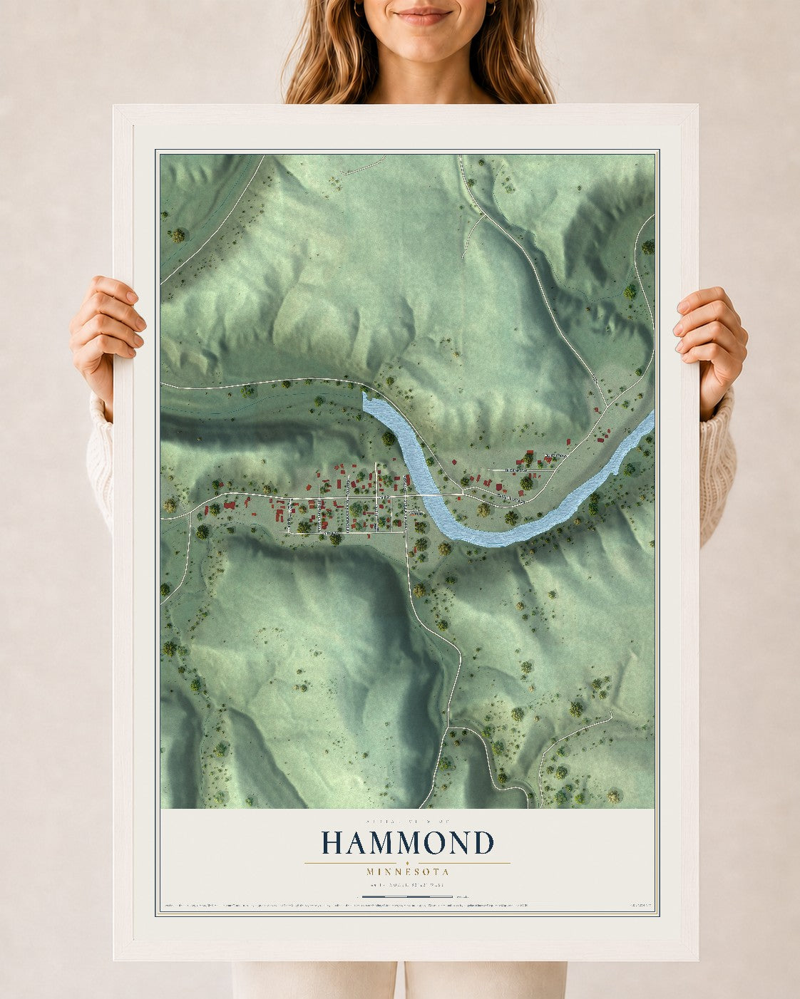 Map of Hammond, Minnesota, 24 x 36 inch print in a white wood frame