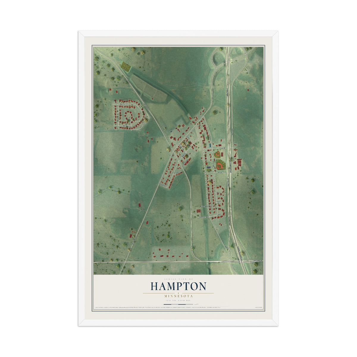 Map of Hampton, Minnesota, 12 x 18 inch print in a white wood frame