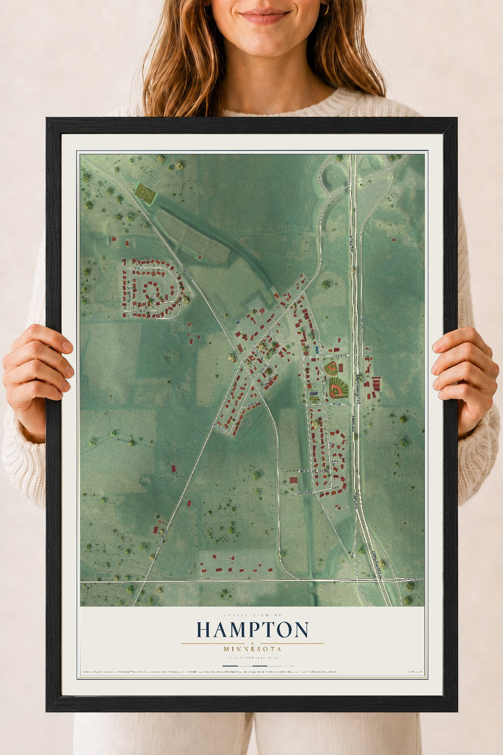 Map of Hampton, Minnesota, 18 x 24 inch print in a black wood frame