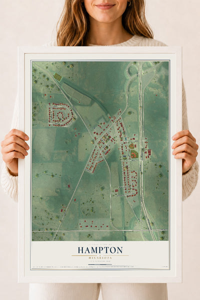 Map of Hampton, Minnesota, 18 x 24 inch print in a white wood frame