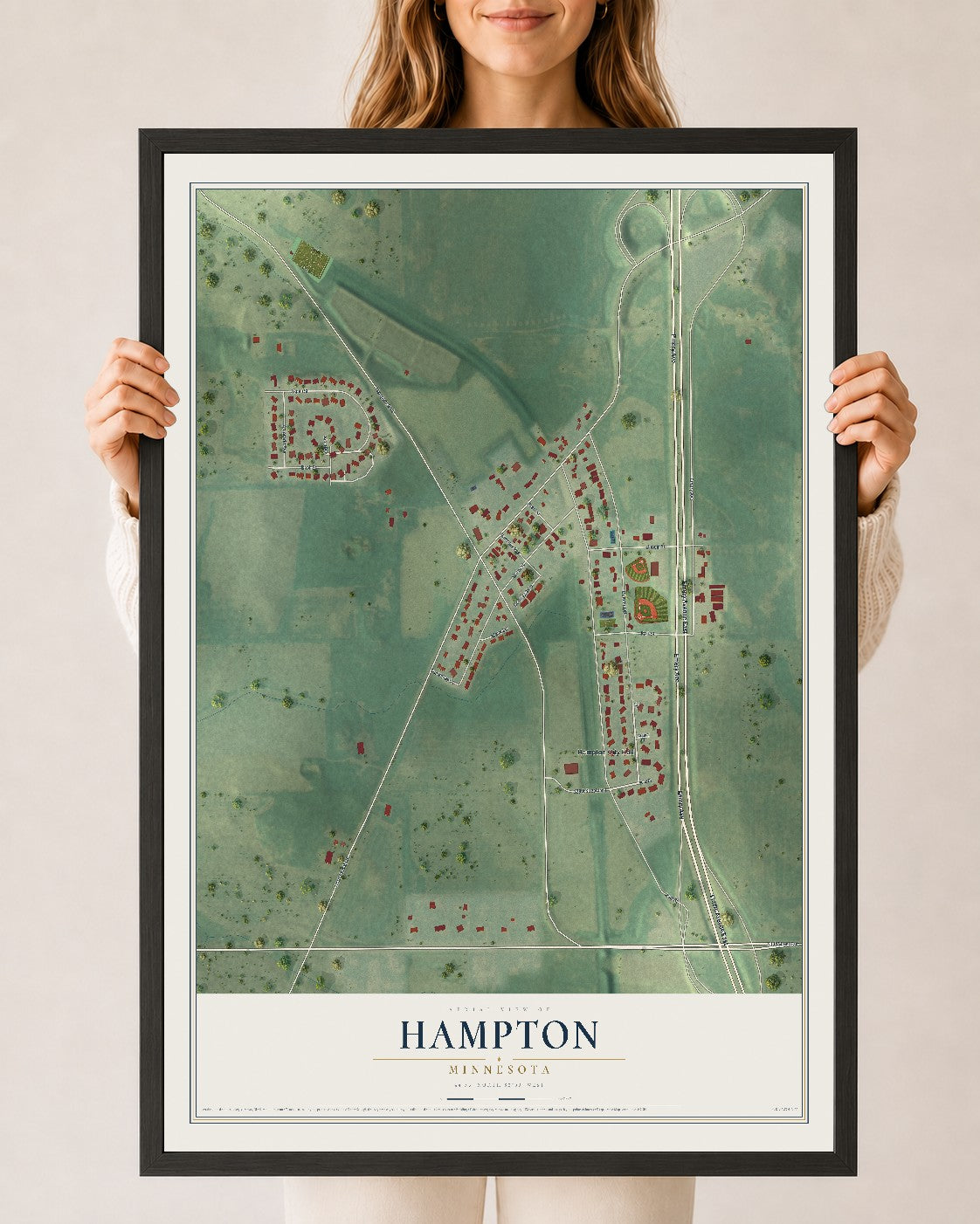 Map of Hampton, Minnesota, 24 x 36 inch print in a black wood frame