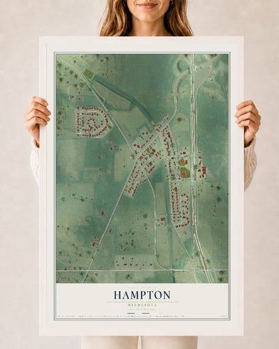 Map of Hampton, Minnesota, 24 x 36 inch print in a white wood frame