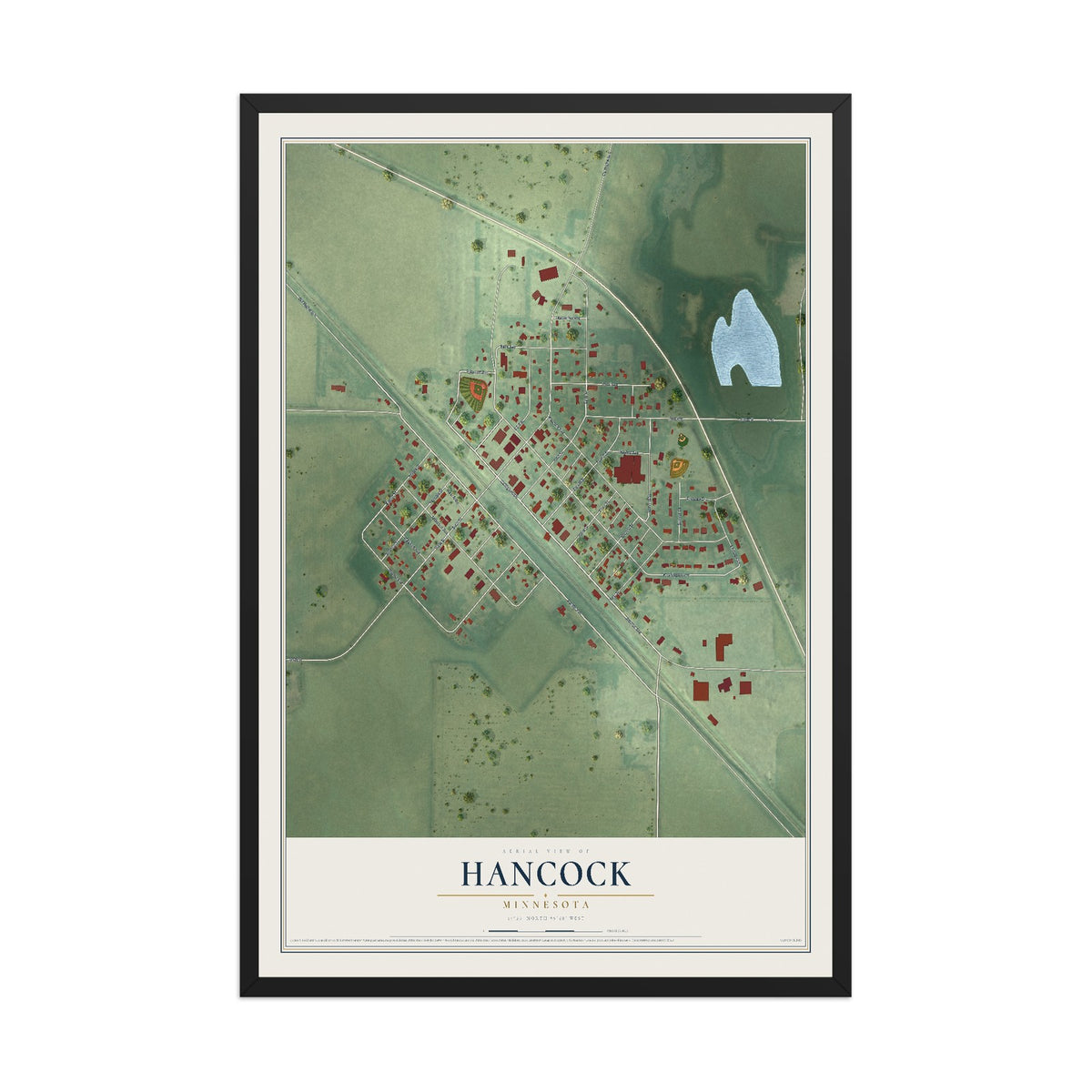 Map of Hancock, Minnesota, 12 x 18 inch print in a black wood frame